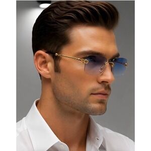 Blue Sunglasses Fashion‎ Gold Frame Rectangle Eyewear Retro Vintage Trendy Gafas